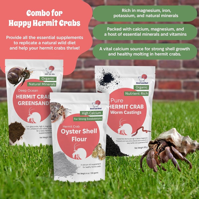 Snout and Shell Hermit Crab Supplement Bundle – Greensand, Oyster Shell Powder and Worm Castings – Molting Support, Natural Calcium, Minerals and Protein – Auto Feeder Friendly, USA Sourced, Organic, Non-GMO - Image 3
